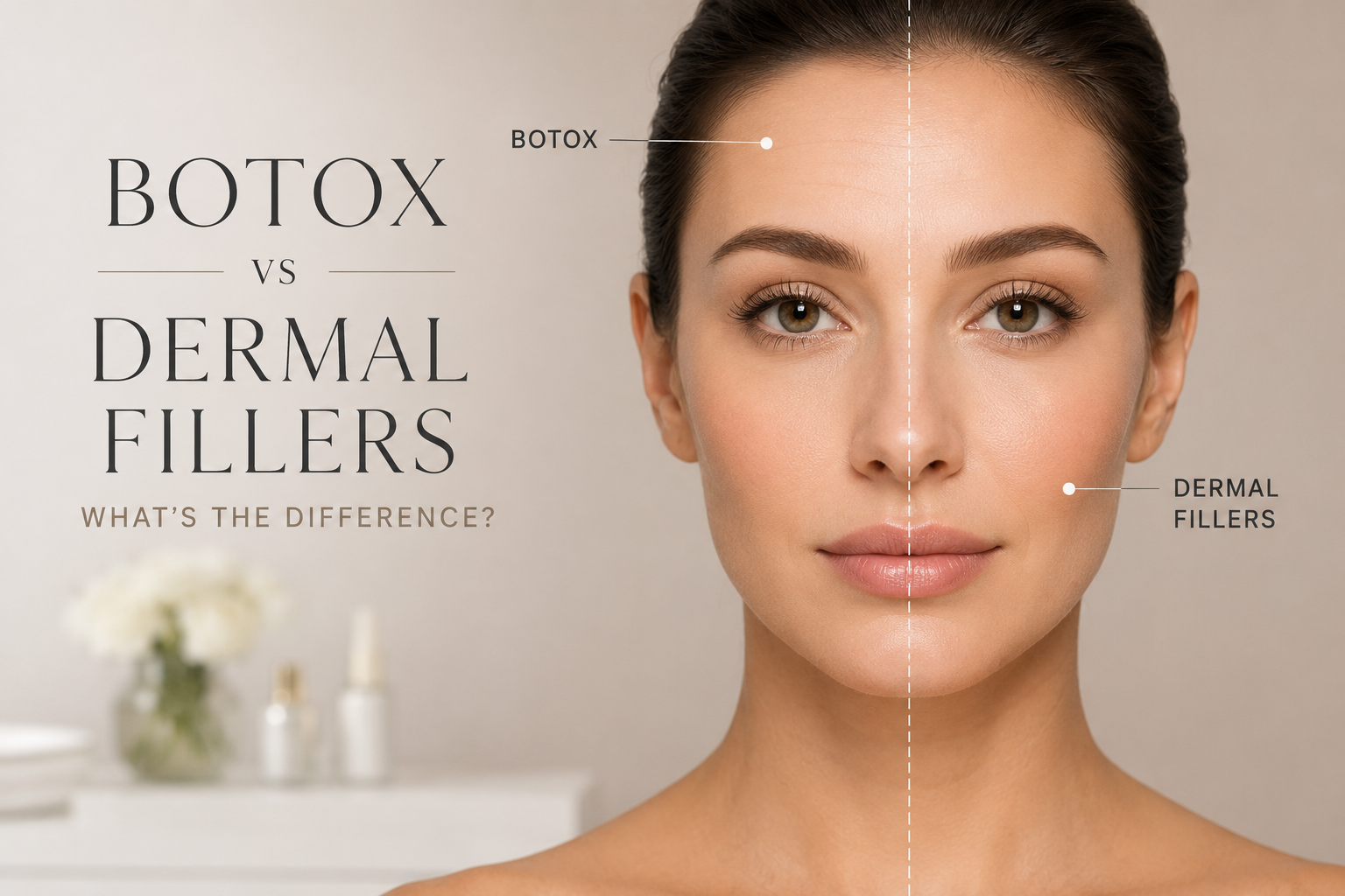 Botox vs dermal fillers: visual guide explaining the difference between Botox and dermal fillers for wrinkle reduction, facial rejuvenation and volume restoration.
