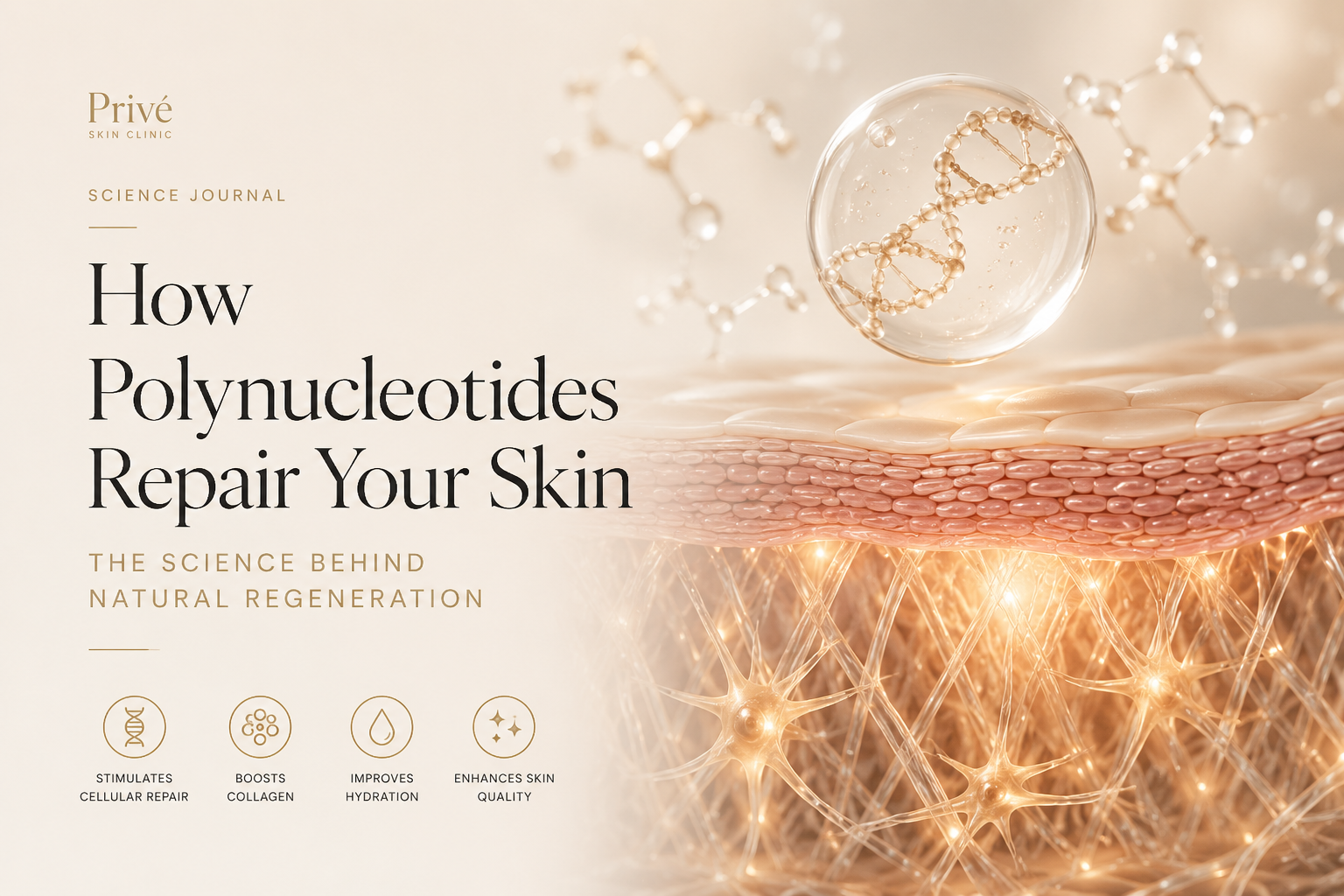 Hero illustration explaining how polynucleotides repair the skin through natural regeneration by activating fibroblasts, stimulating collagen and elastin production, strengthening the extracellular matrix and improving hydration, skin quality and long-ter