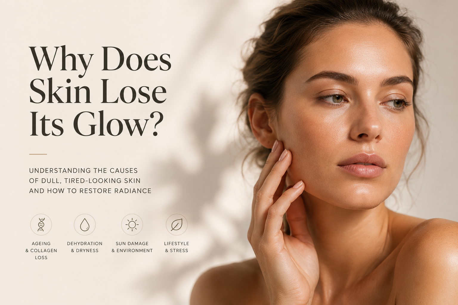 Close-up portrait of a woman with naturally radiant skin, representing skin health, hydration and healthy ageing