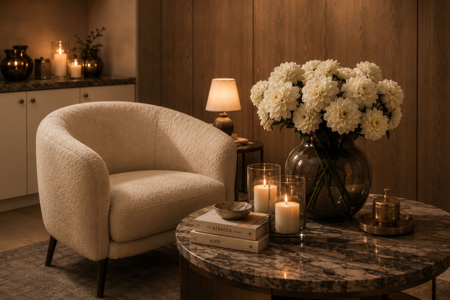 A cream boucle armchair beside a marble round table styled with pillar candles, Kinfolk books and a vase of cream dahlias