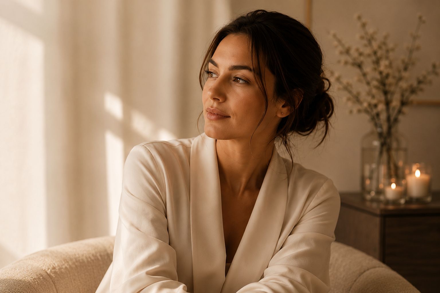 A woman in a cream blazer sitting in soft window light, beside a vase of dried branches and warm tea-light candles