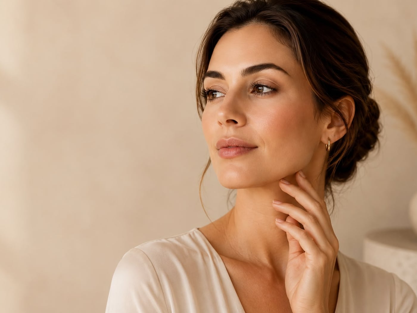A woman with balanced, natural features and a soft, composed expression