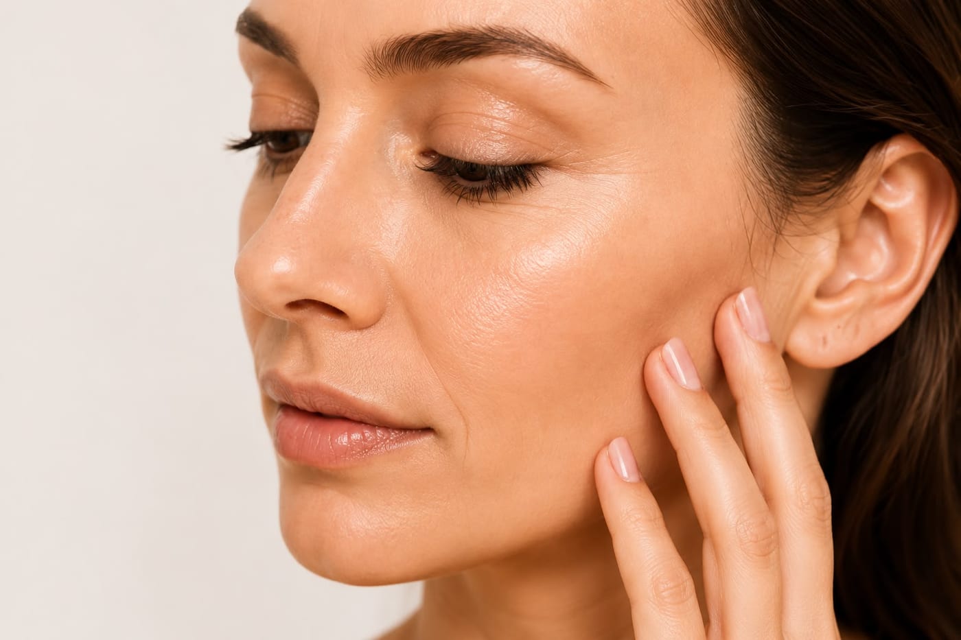 A woman with smooth, healthy skin resting her hand at her jaw