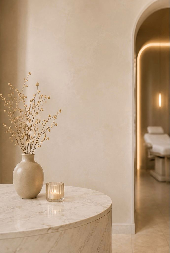 A quiet Privé Skin Clinic interior — vase of dried branches on a marble table by an archway