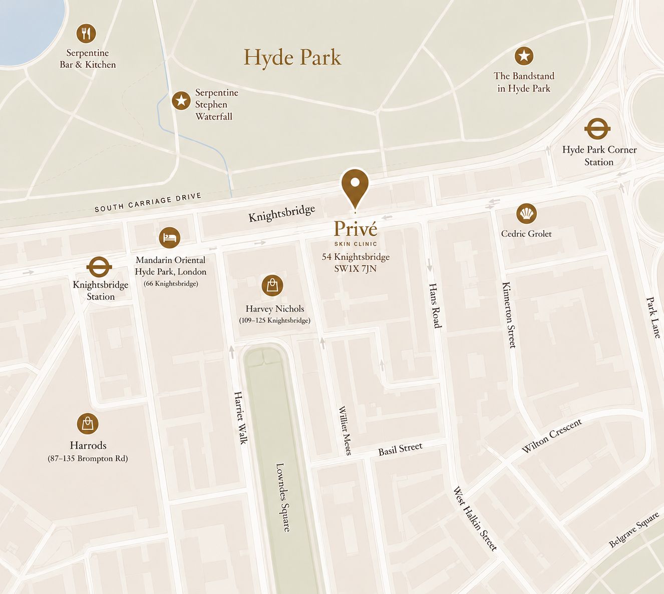 Illustrated map of Knightsbridge showing Privé Skin Clinic at 54 Knightsbridge, with Hyde Park, Harrods, Mandarin Oriental, Harvey Nichols and Knightsbridge Station marked