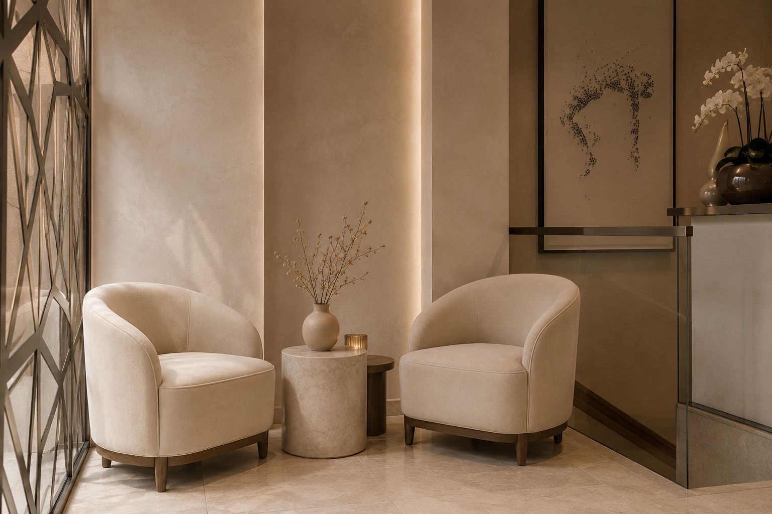 A pair of cream armchairs by a marble side table — the Privé Skin Clinic lounge