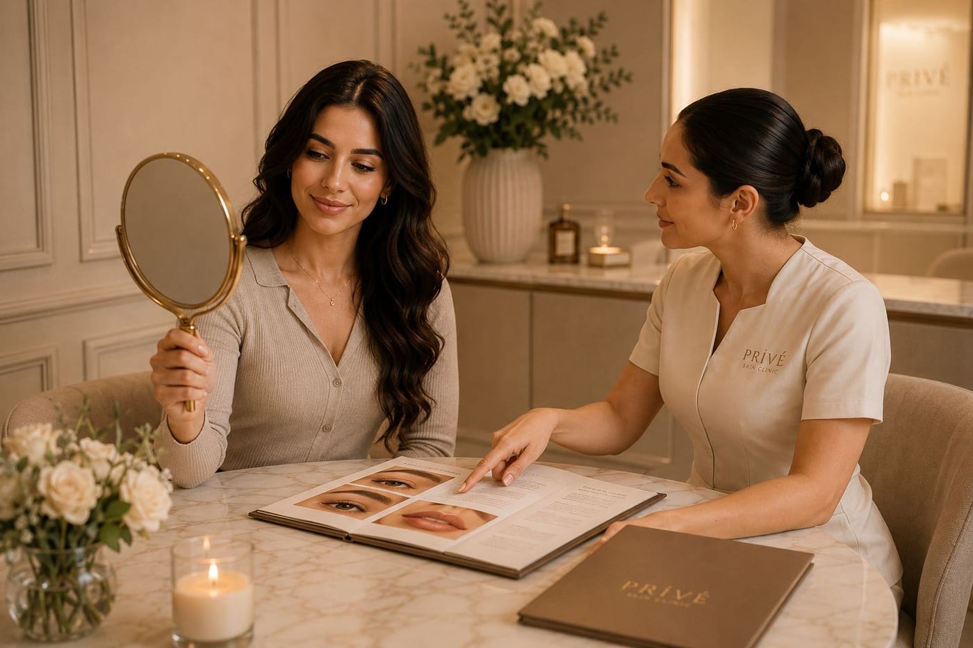 A Privé beauty specialist helping a client choose a treatment