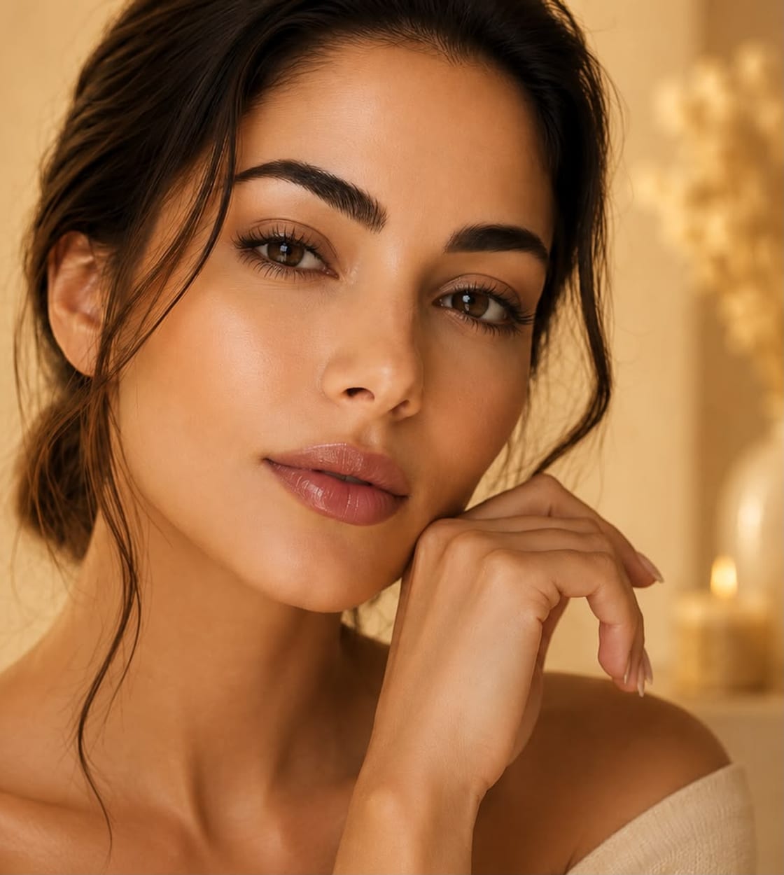 A woman with beautifully defined brows, lips and eyes enhanced by semi-permanent makeup