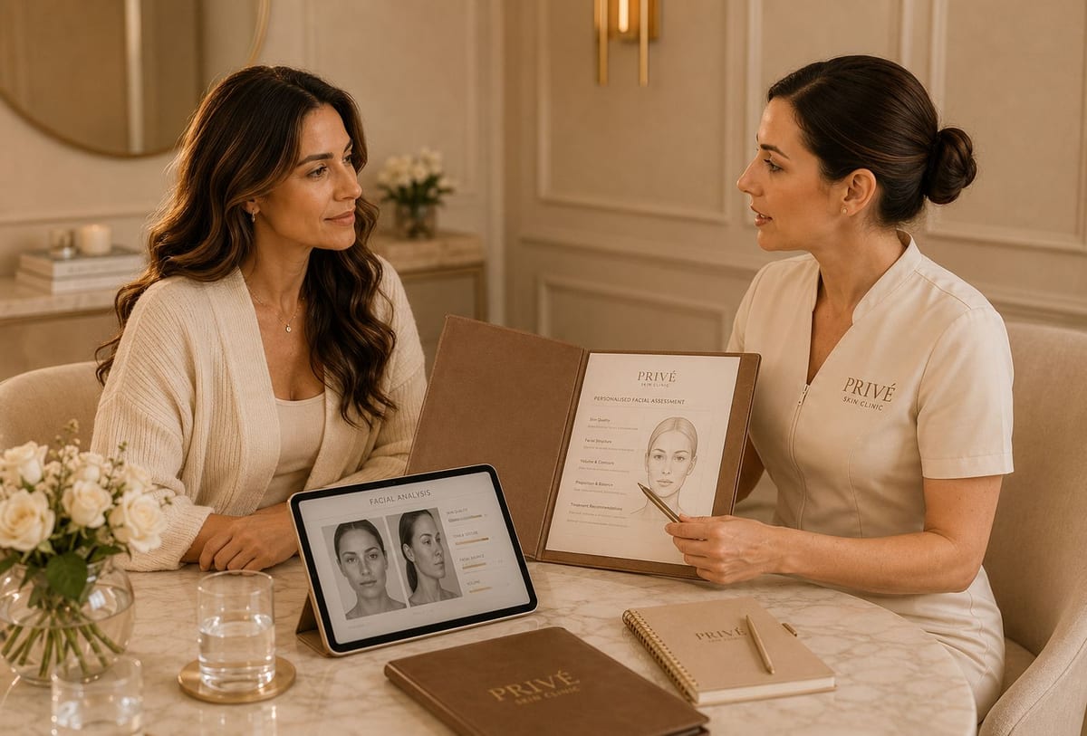 A Privé clinician discussing a personalised facial assessment with a client