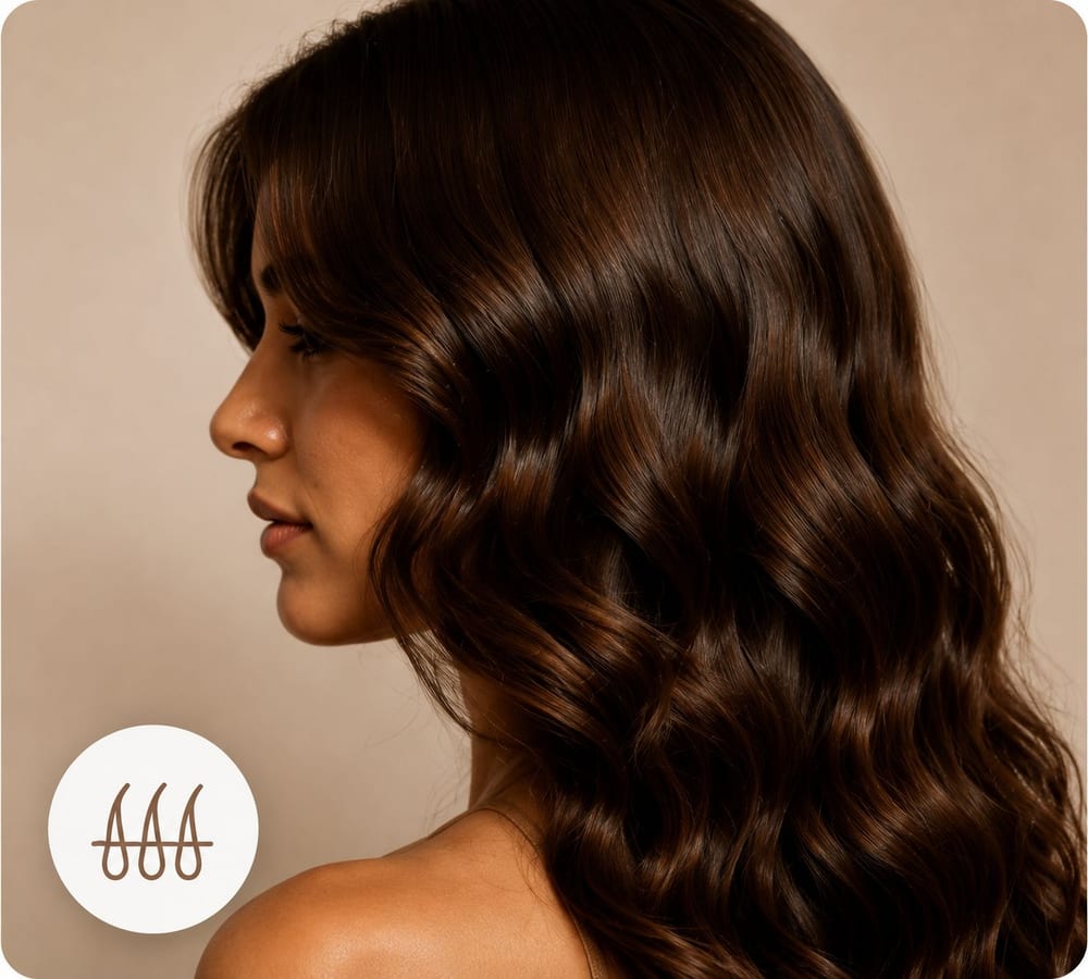 A woman with thick, voluminous wavy hair