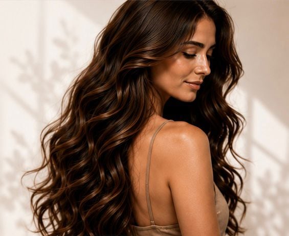 A woman with long, glossy, healthy wavy hair in soft natural light