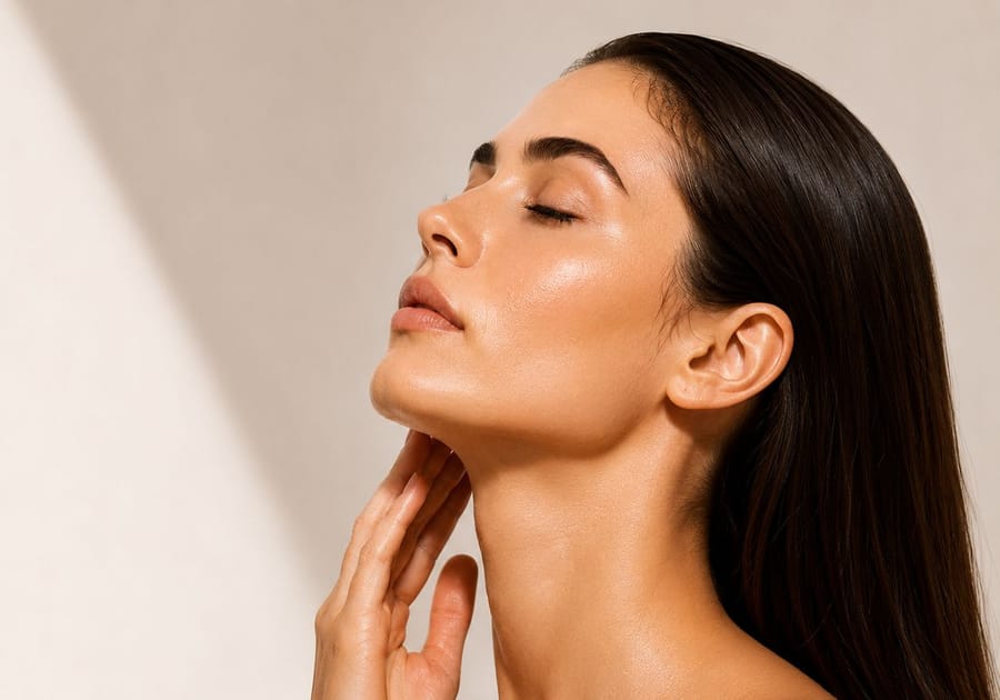 Close-up of a woman’s lifted, firm jawline and neck