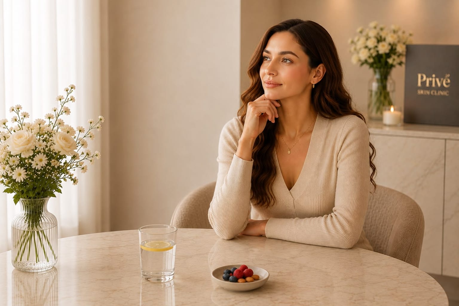 A woman enjoying a healthy, balanced meal in soft natural light