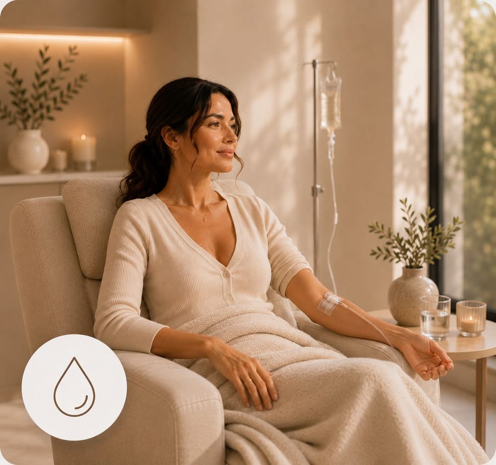 A woman relaxed and well in a calm clinic setting