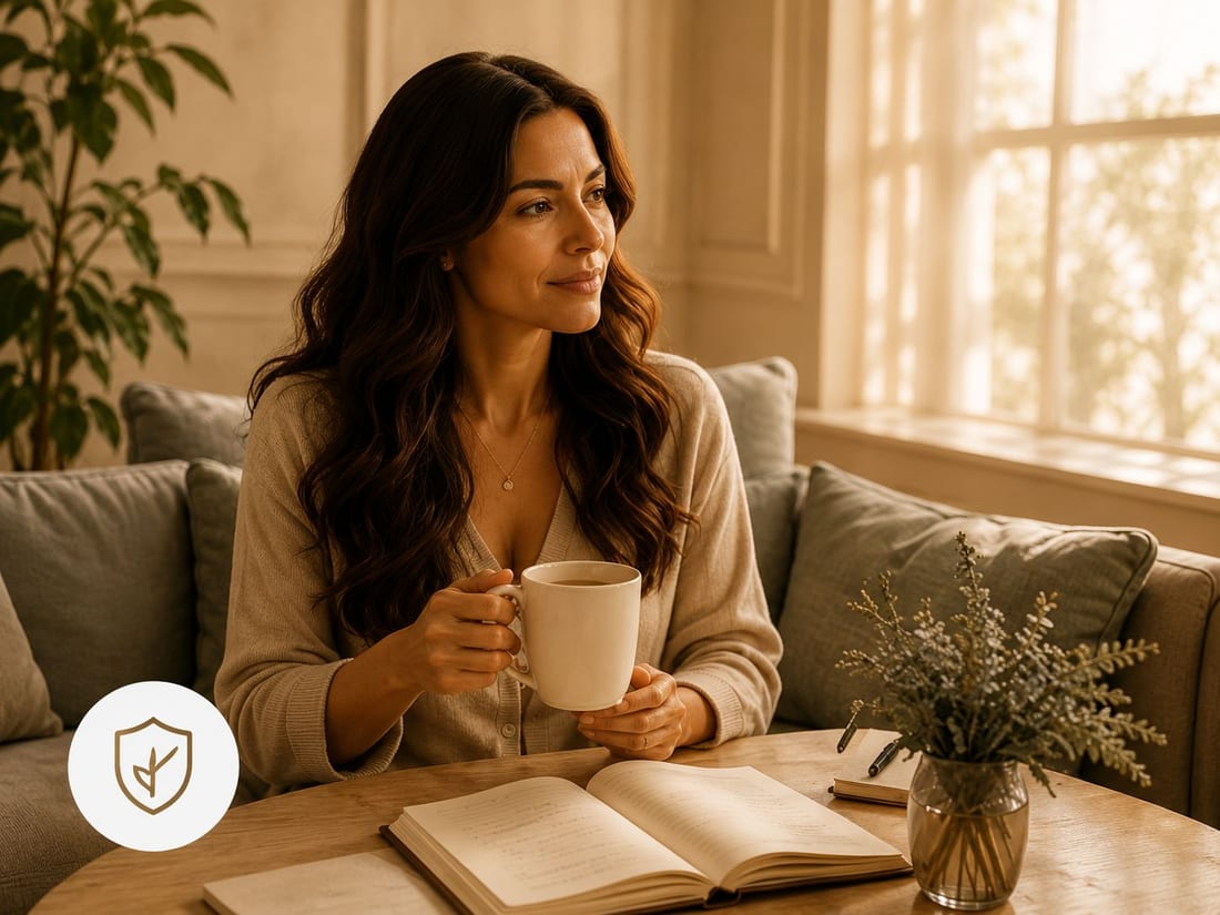A calm, balanced woman with a warm drink