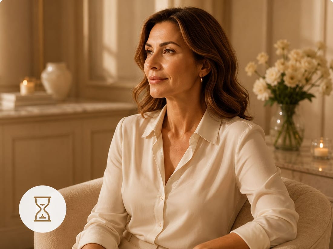 A serene, radiant woman in a warm spa setting