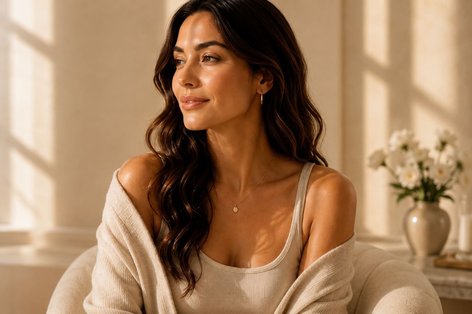 A serene woman relaxing in soft, warm natural light
